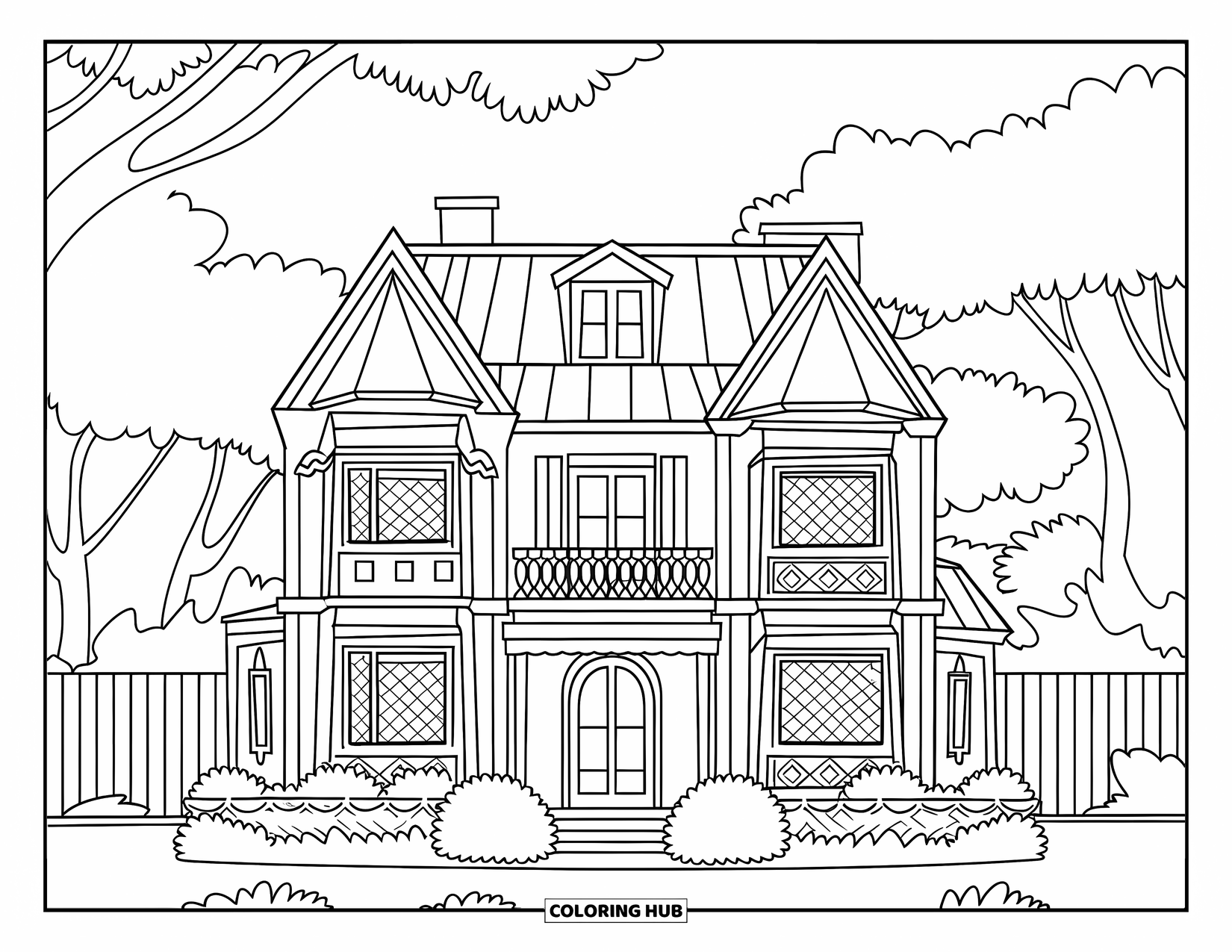 Mansion Coloring Page for Kids: Two-story mansion with patterned windows, balcony, and garden bushes