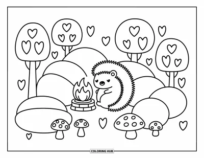 大人向けの3月のぬりえ: 小さな暖炉のそばでクッションときのこに囲まれたハリネズミが丸くなっている