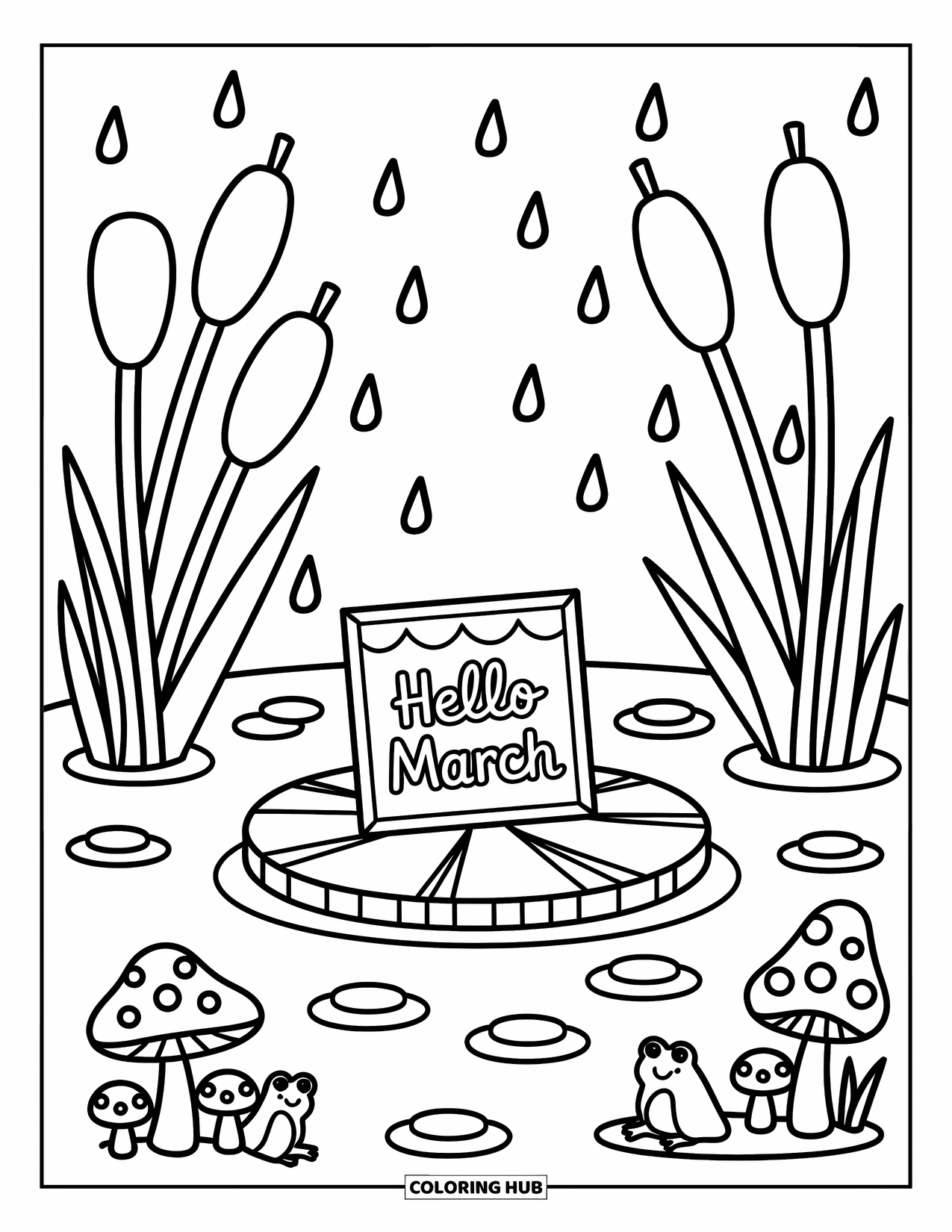 March Coloring Page for Adults: A March lily pad scene with frogs, mushrooms, snails, and gentle raindrops