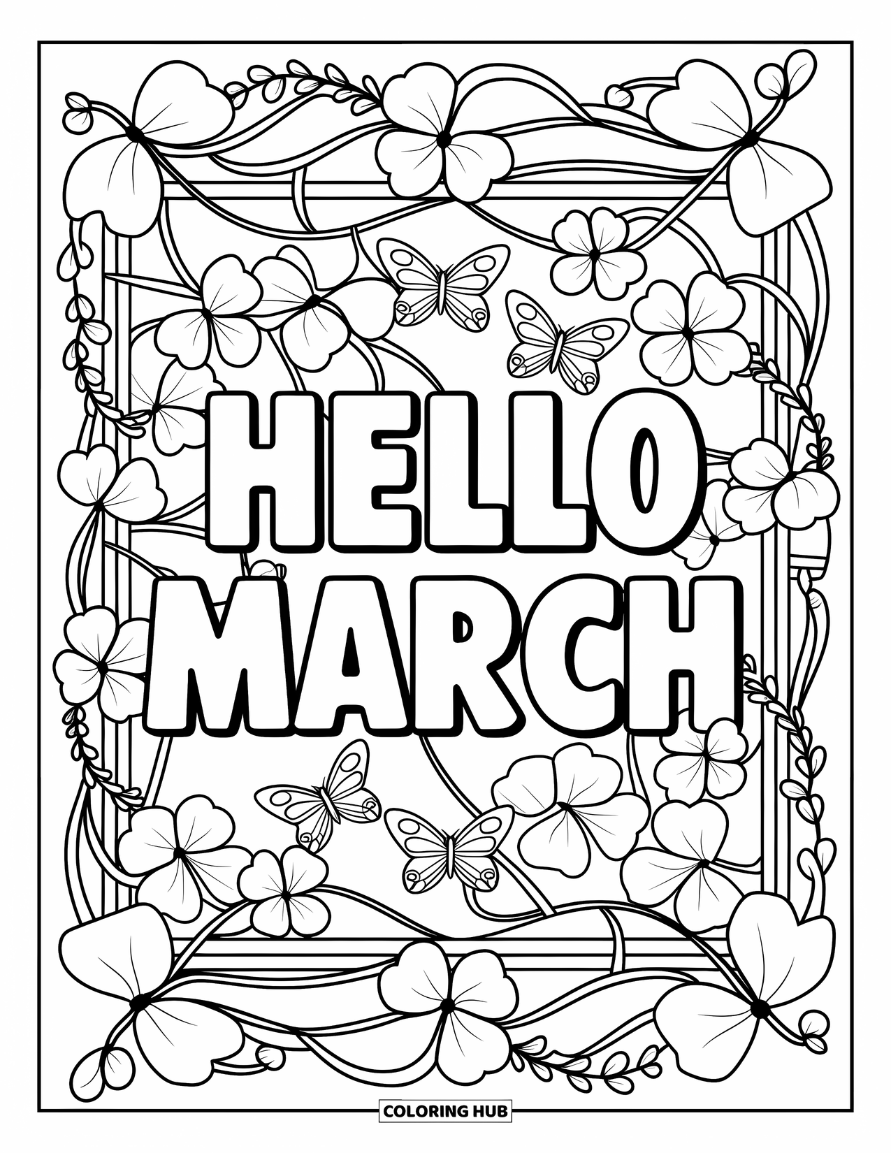 March Coloring Page for Adults: Bold "Hello March" surrounded by stained glass clovers, vines, and fluttering butterflies