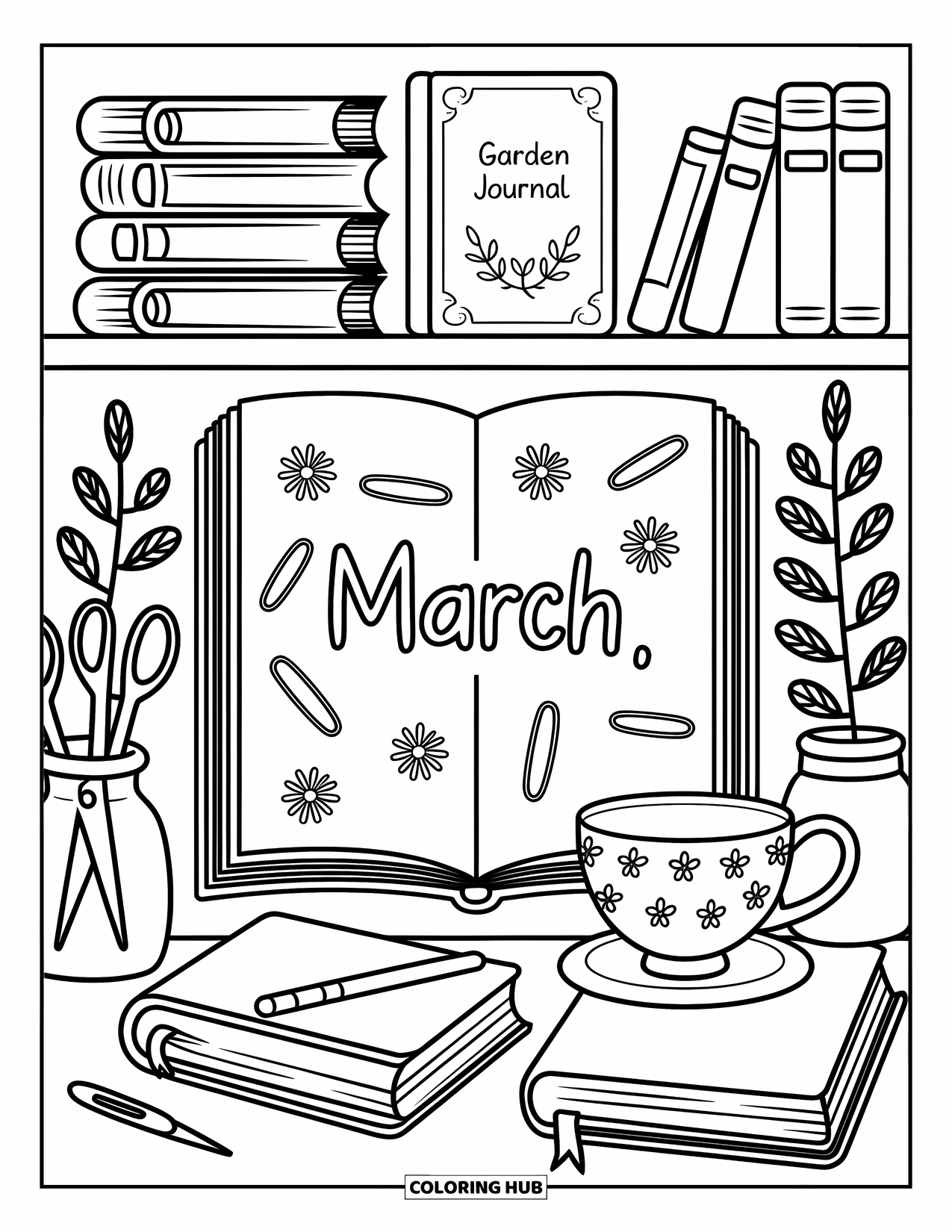 March Coloring Page for Adults: Books, flowers, and scissors surround a cozy March message on a tidy shelf