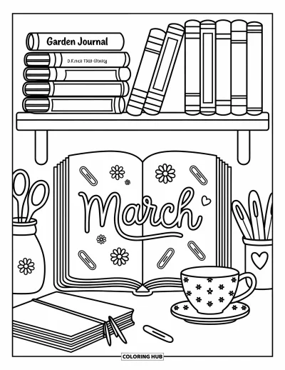 大人向けの3月のぬりえ: 本棚に"Garden Journal"、ティーカップ、花の落書き付きの3月メモが並んでいる