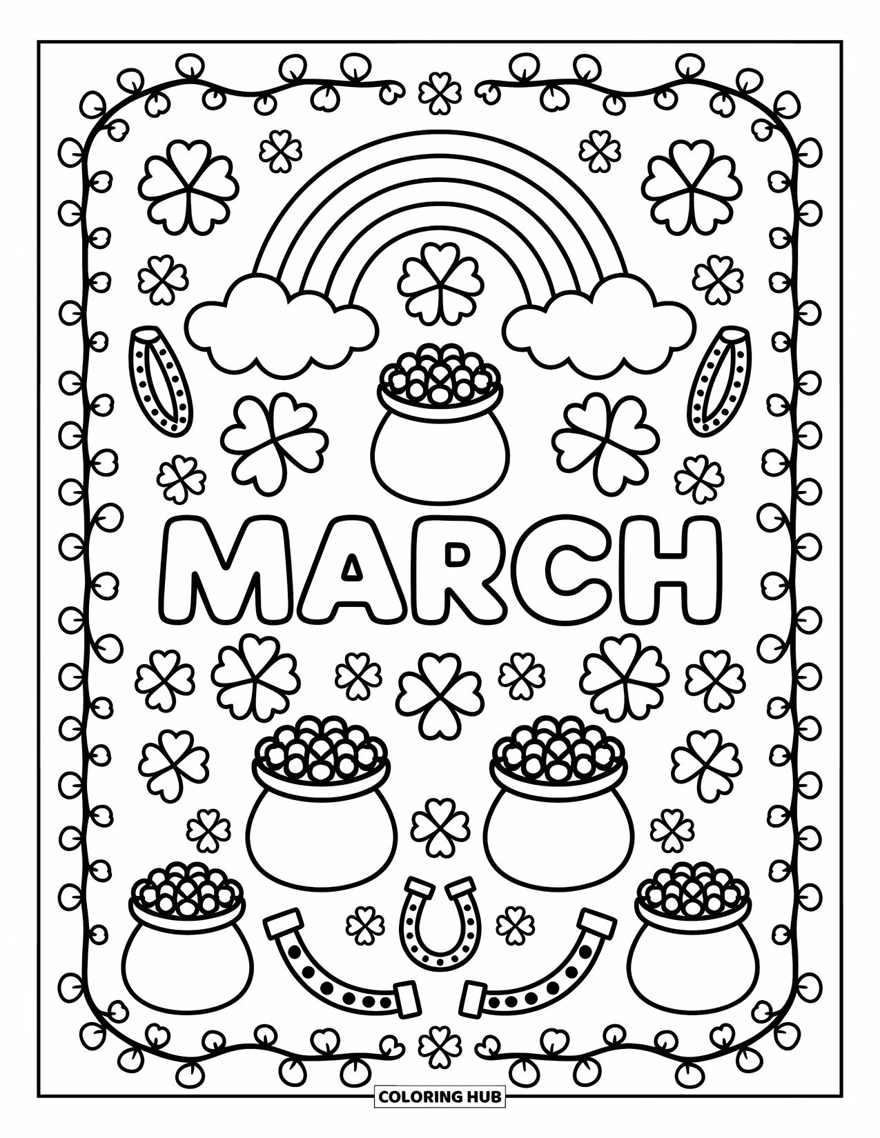 March Coloring Page for Adults: Clover vines and gold pots surround March in a tidy rainbow-filled frame