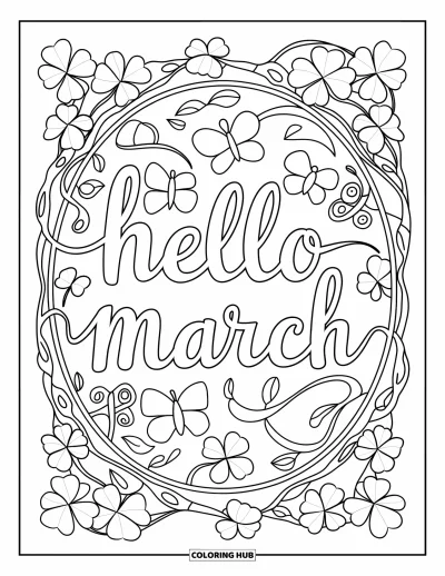 大人向けの3月のぬりえ: ステンドグラス風の蝶と渦巻くつる草に囲まれた筆記体の"Hello March"