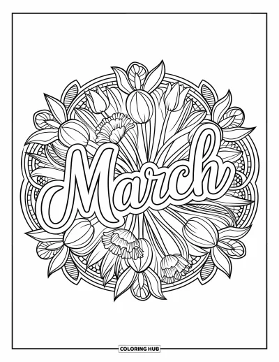 大人向けの3月のぬりえ: 水仙とチューリップのマンダラフレームに囲まれた優雅な"March"