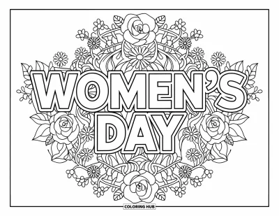 大人向けの3月のぬりえ: バラとデイジーの花のマンダラが"Women's Day"の文字を取り囲んでいる
