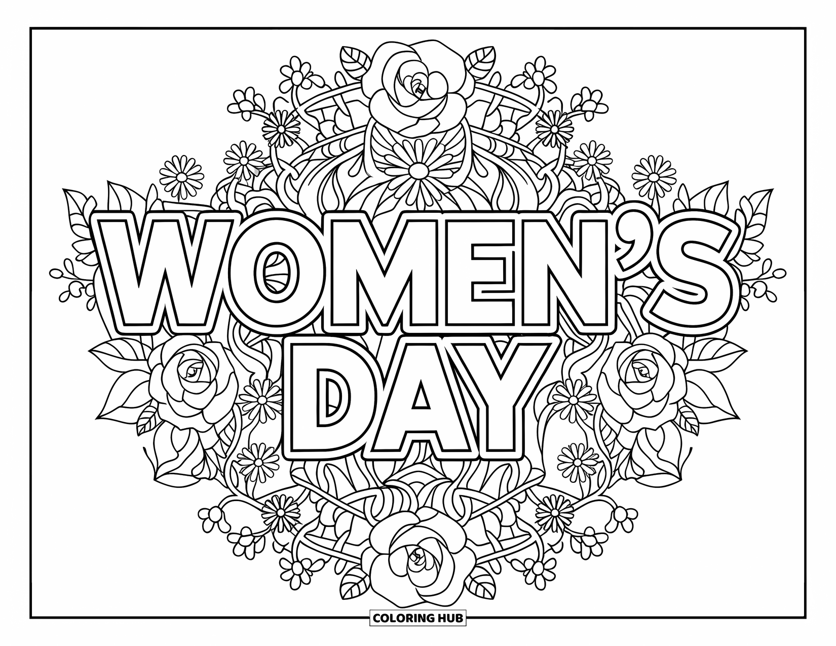 March Coloring Page for Adults: Floral mandala of roses and daisies encircles the words "Women's Day"