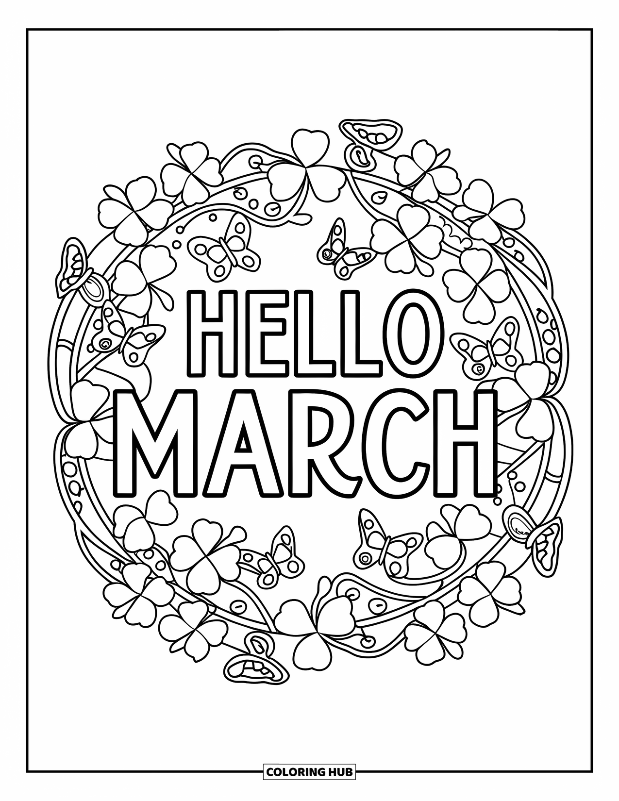 March Coloring Page for Adults: "Hello March" appears in cursive inside a stained glass frame of vines and butterflies
