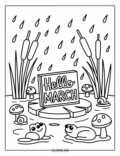 大人向けの3月のぬりえ: カエル、きのこ、波紋に囲まれた蓮の葉の上の"Hello March"の看板