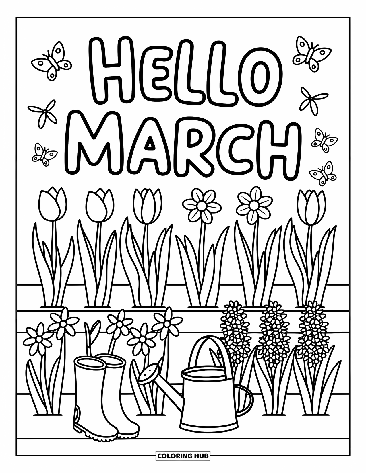 March Coloring Page for Adults: ìHello Marchî surrounded by tulips, daffodils, and hyacinths in tidy rows