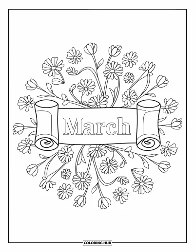 大人向けの3月のぬりえ: 春の花と渦巻く枝に囲まれた巻物バナーの上の"March"
