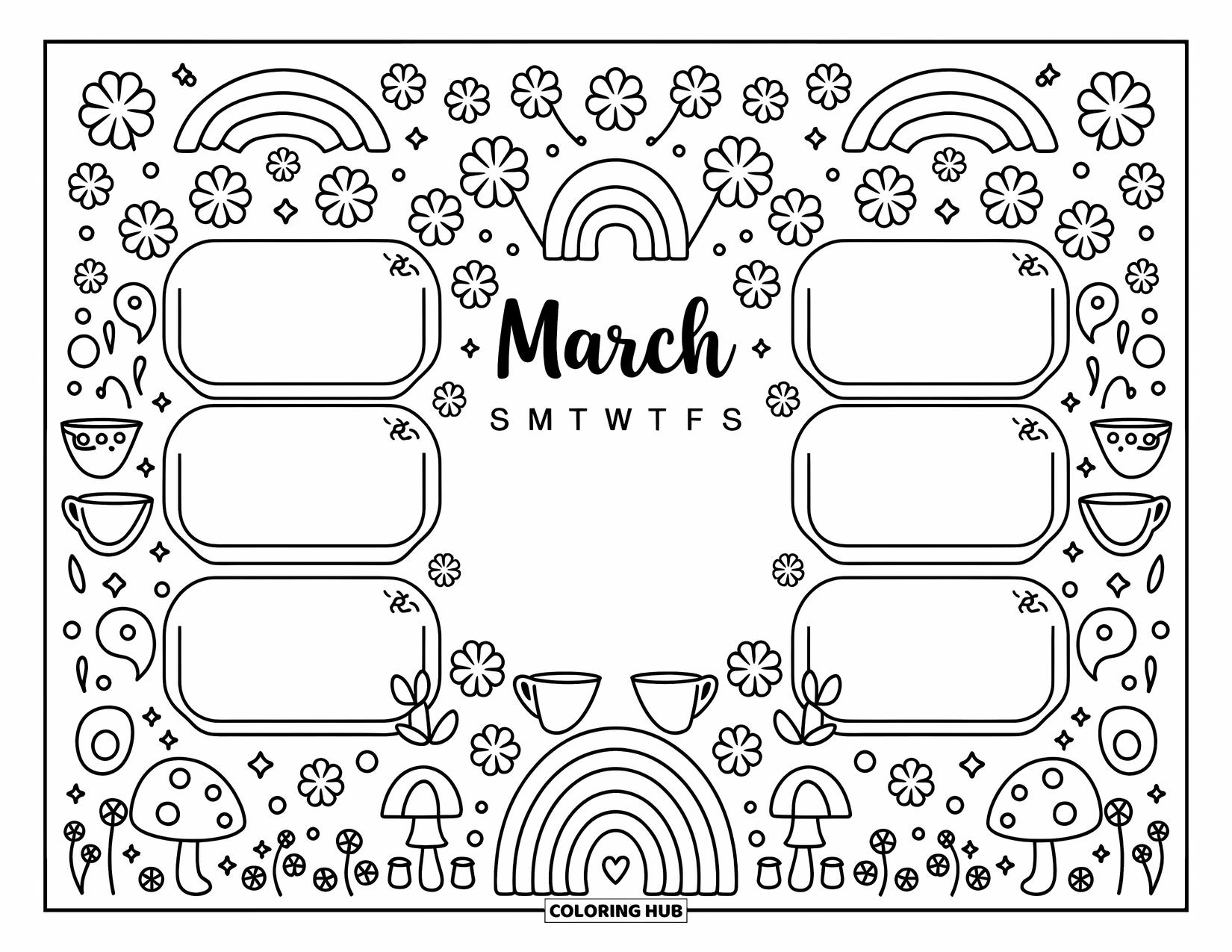 March Coloring Page for Adults: March calendar framed by mushrooms, rainbows, wildflowers, and cute seasonal doodles