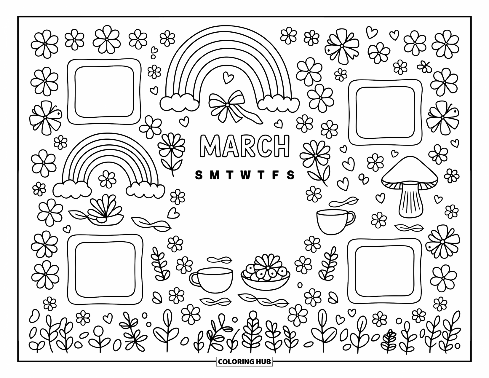 March Coloring Page for Adults: "March" calendar spread surrounded by clovers, rainbows, mushrooms, and wildflowers