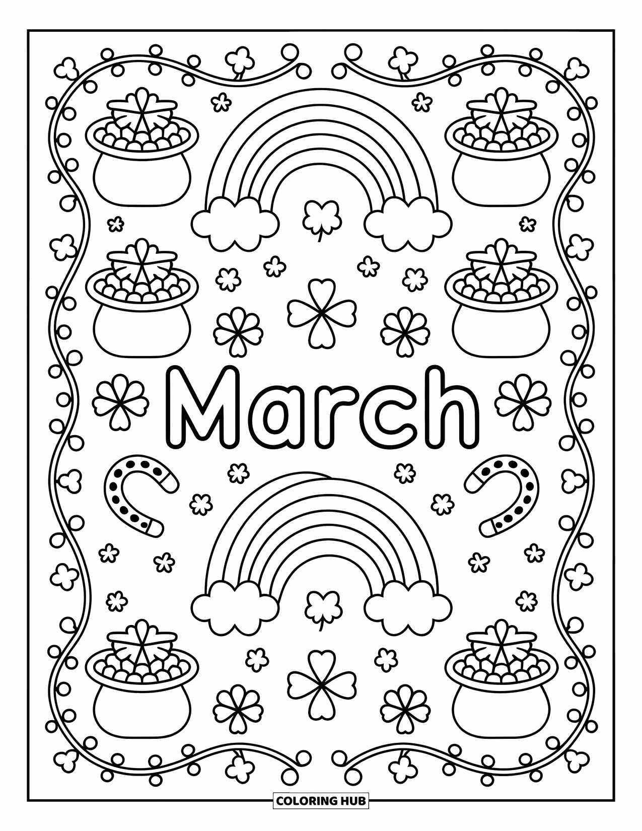 March Coloring Page for Adults: March doodle scene with gold pots, clovers, and a rainbow framed by shamrocks