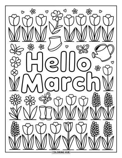 大人向けの3月のぬりえ: 花、蝶、春の落書きが咲く3月の庭の畝