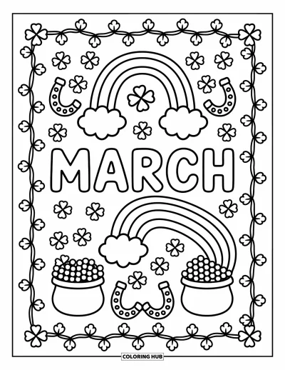 大人向けの3月のぬりえ: 金の壺、クローバー、虹、シャムロックに囲まれた中央の"March"の文字