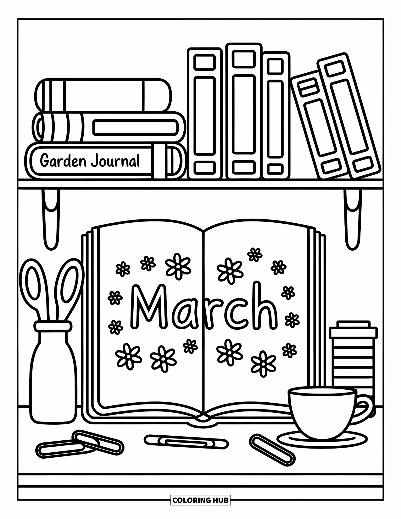 March Coloring Page for Adults: March page on a tidy shelf with tea cup, notebooks, and tiny flower doodles