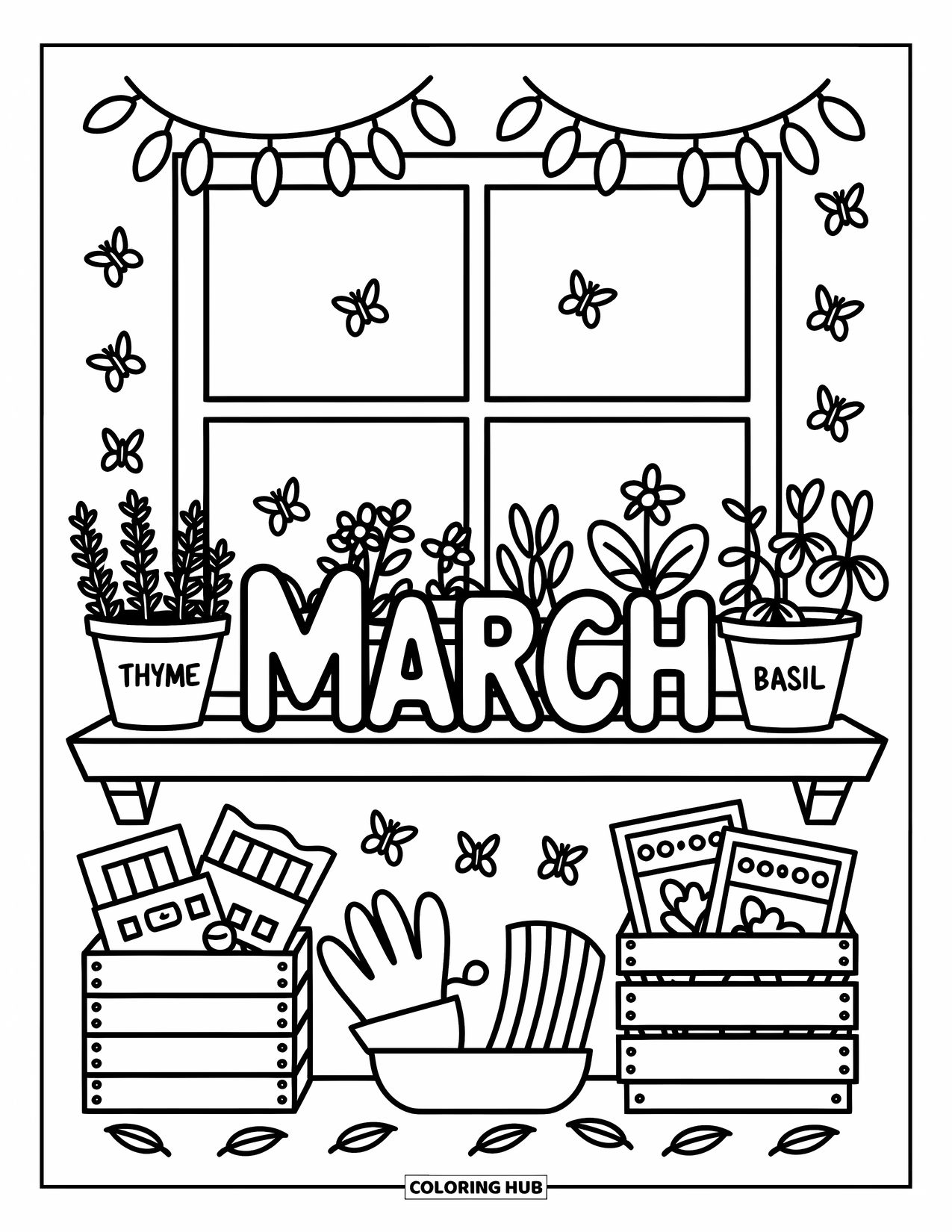 March Coloring Page for Adults: March sign sits on a windowsill with herbs, gloves, and butterflies nearby