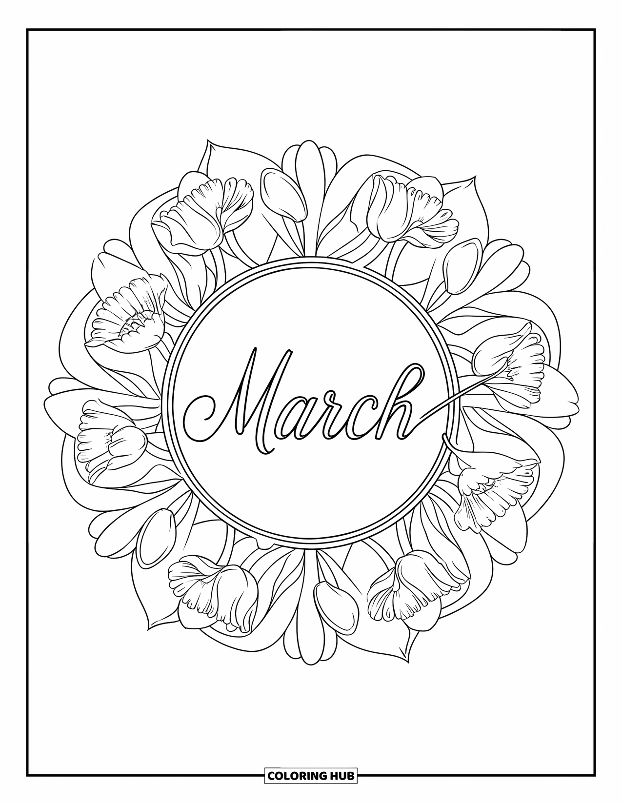 March Coloring Page for Adults: "March" sits at the center of a full floral mandala of spring flowers