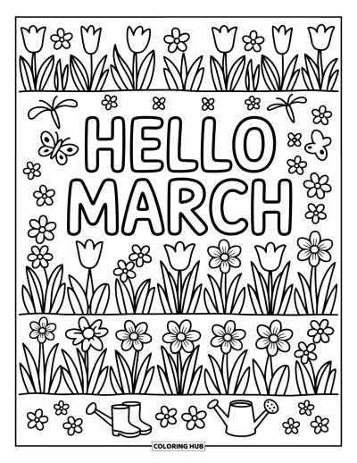 大人向けの3月のぬりえ: 3月の花と蝶の間にレインブーツとじょうろが置かれている