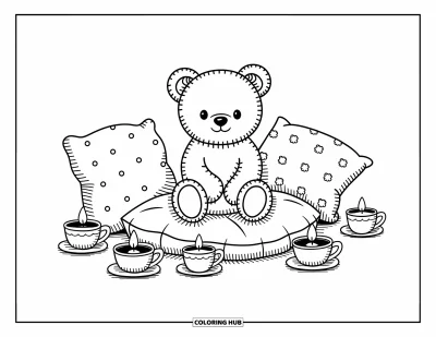 大人向けの3月のぬりえ: テディベアがクッションの上に座り、ティーカップ、キャンドル、花の落書きに囲まれている