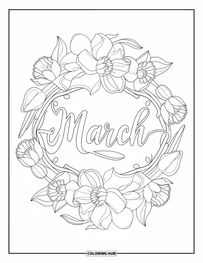 大人向けの3月のぬりえ: チューリップと水仙の花のマンダラの中に筆記体の"March"