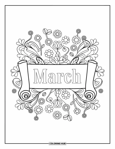 大人向けの3月のぬりえ: 春の花が咲くマンダラの中の巻物に"March"の文字が描かれている