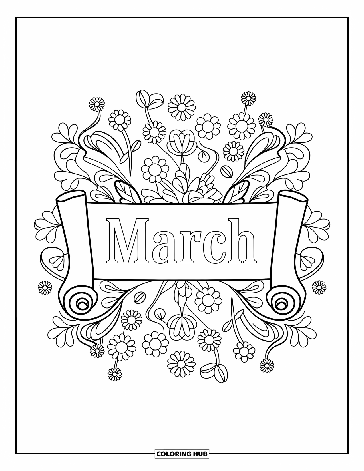 March Coloring Page for Adults: The word "March" rests on a scroll within a blooming mandala of spring flowers