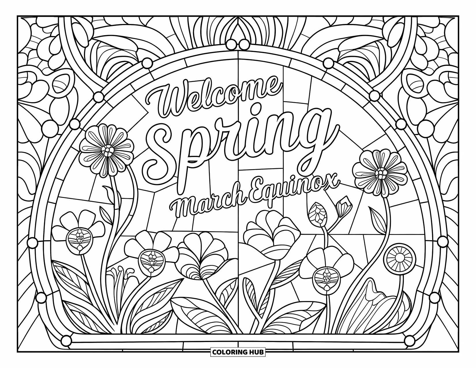 March Coloring Page for Adults: "Welcome Spring - March Equinox" surrounded by intricate swirls, leaves, and floral panels