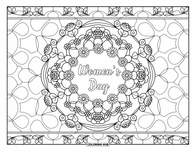 大人向けの3月のぬりえ: 花と葉のマンダラに囲まれた"Women's Day"の文字