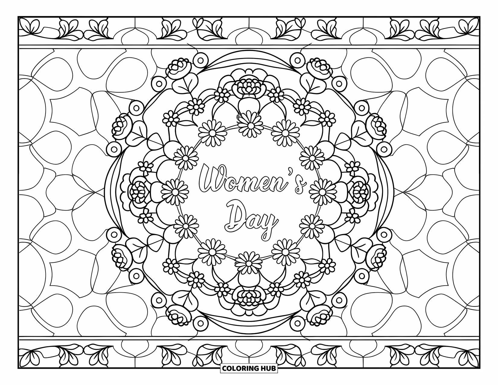 March Coloring Page for Adults: "Women's Day" rests in the middle of a mandala framed with flowers and leaves