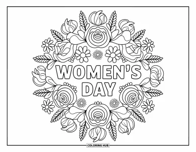 大人向けの3月のぬりえ: バラとデイジーの花のマンダラの中央に"Women's Day"の文字