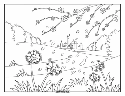 子ども向けの3月のぬりえ: 桜、たんぽぽ、遠くのお城がある風の吹く春の風景