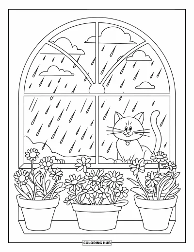 子ども向けの3月のぬりえ: 窓辺に座った猫が外の雨と室内の咲く鉢植えを見つめている