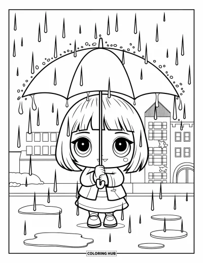子ども向けの3月のぬりえ: 雨の中、傘を持ったちびキャラの女の子が水たまりに立っている