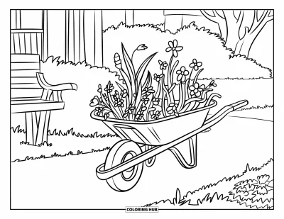 子ども向けの3月のぬりえ: 野の花でいっぱいの手押し車とベンチのあるのどかな庭の小道
