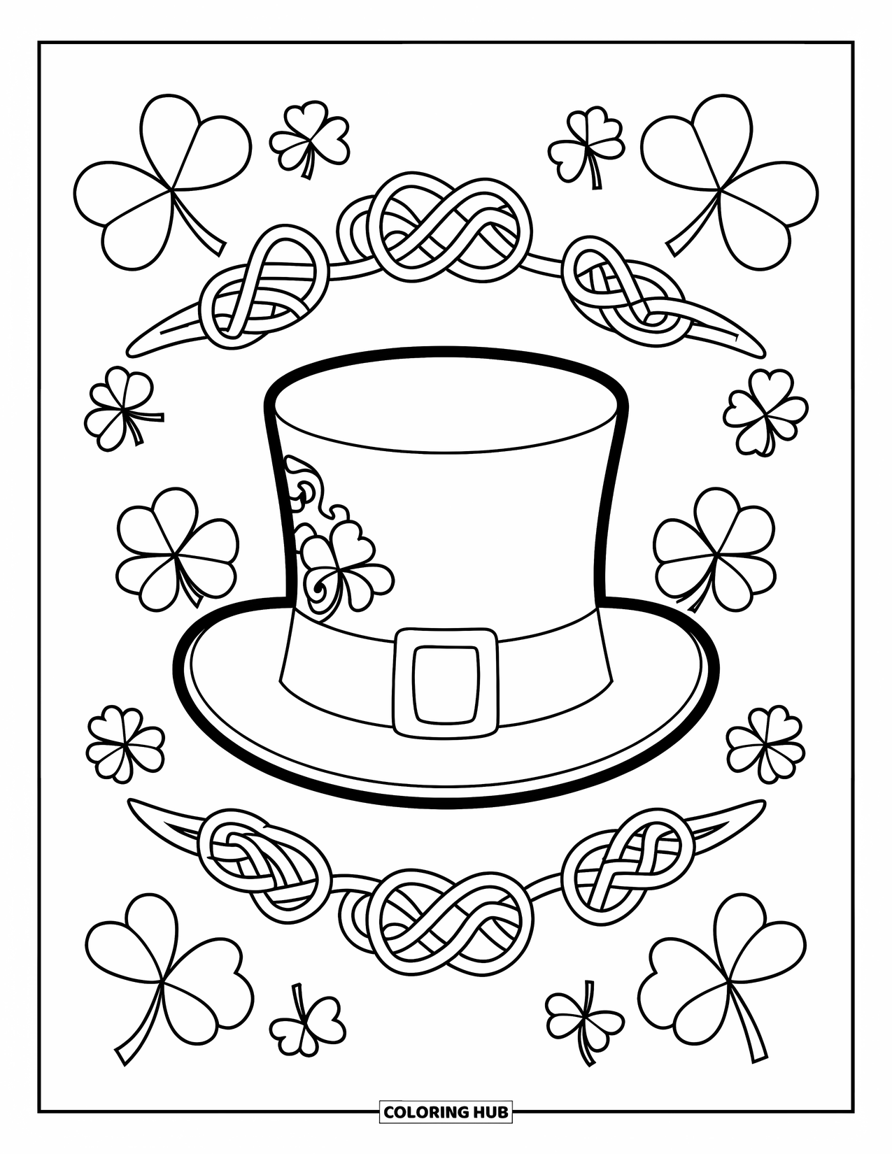 March Coloring Page for Kids: A leprechaun hat surrounded by shamrocks and Celtic knots on a clean background