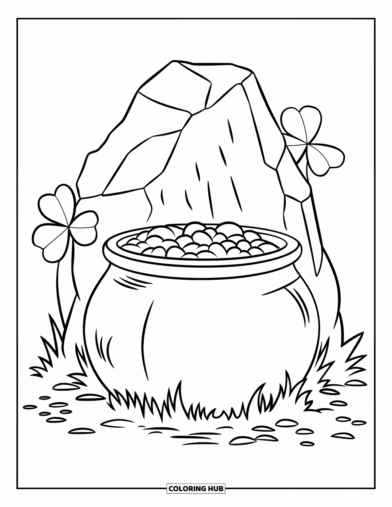 March Coloring Page for Kids: A pot of gold hides behind a big rock with lucky clovers