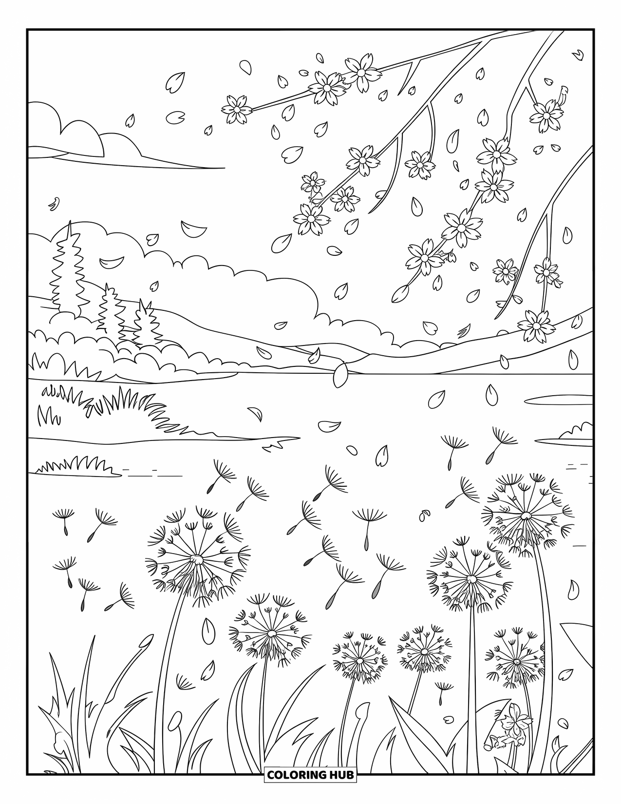 March Coloring Page for Kids: A spring breeze carries petals through cherry blossoms and dandelions beside a quiet lake