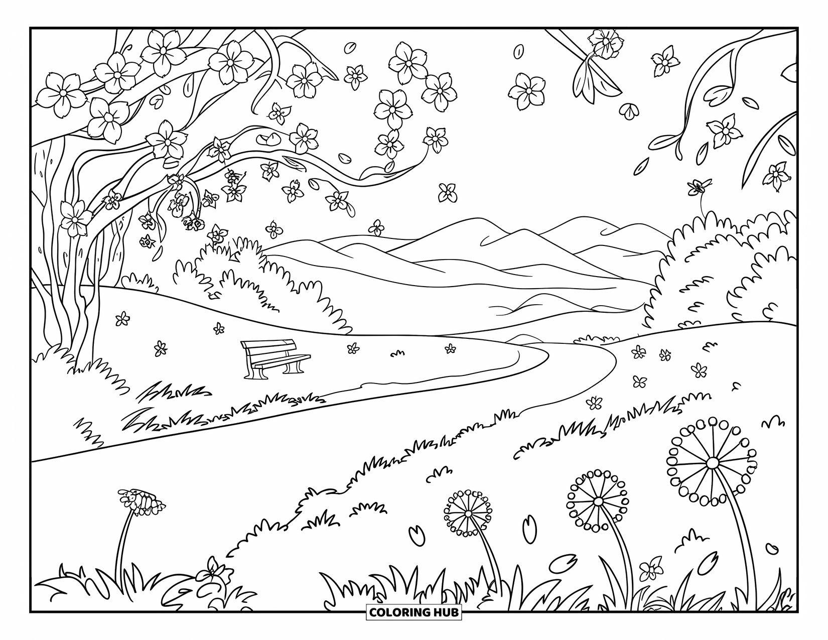 March Coloring Page for Kids: A winding path through cherry blossoms and dandelions leads to a peaceful bench