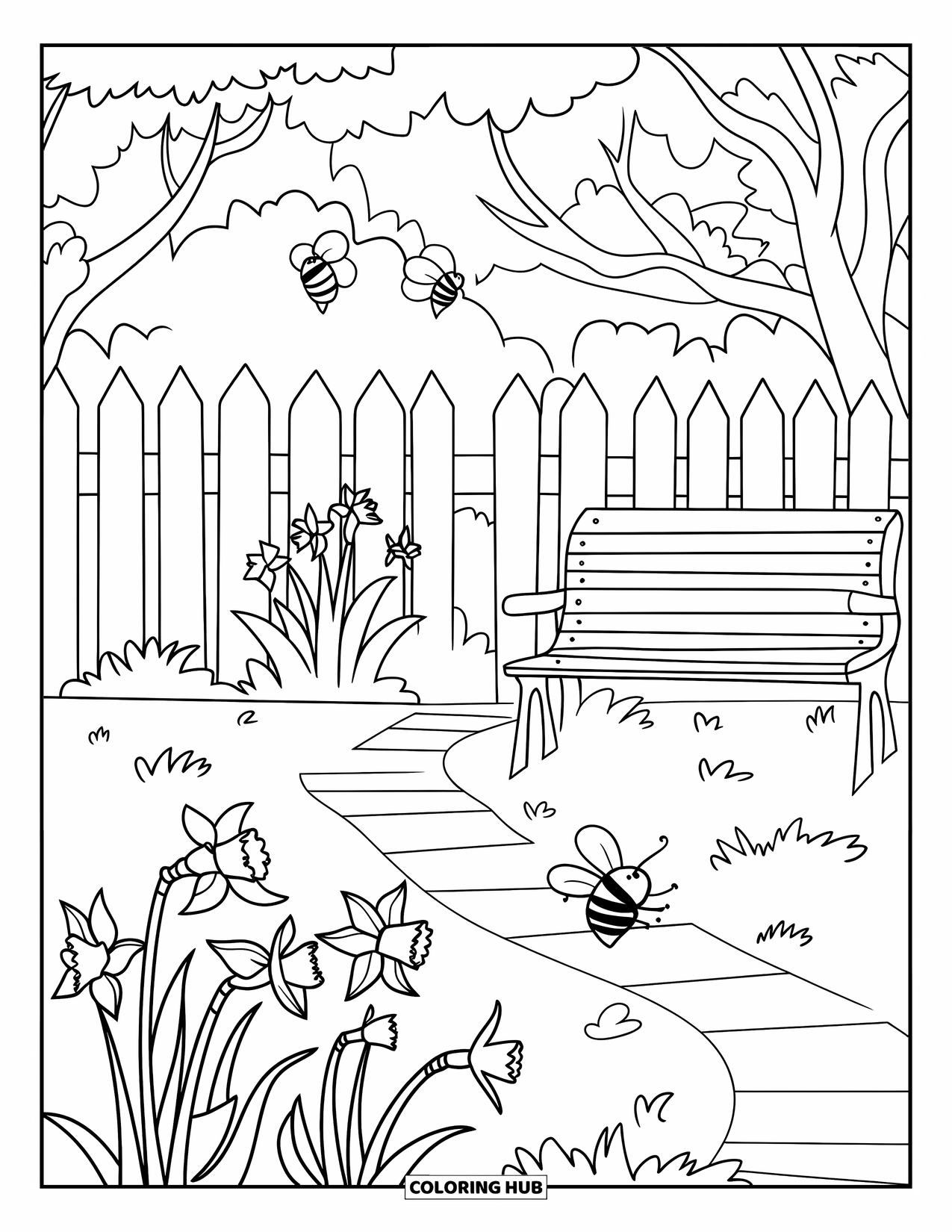 March Coloring Page for Kids: Bees and butterflies dance through daffodils near a garden bench