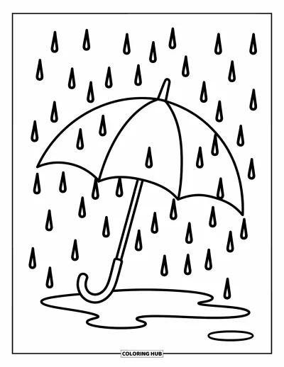 子ども向けの3月のぬりえ: 小雨の中、水たまりの上に大きな傘が立っている