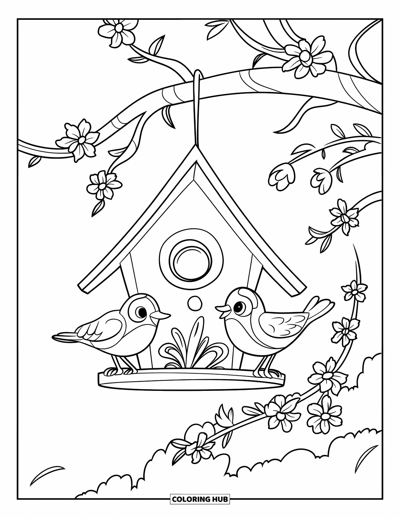 March Coloring Page for Kids: Birdhouse hangs on a blooming branch with two chirping birds