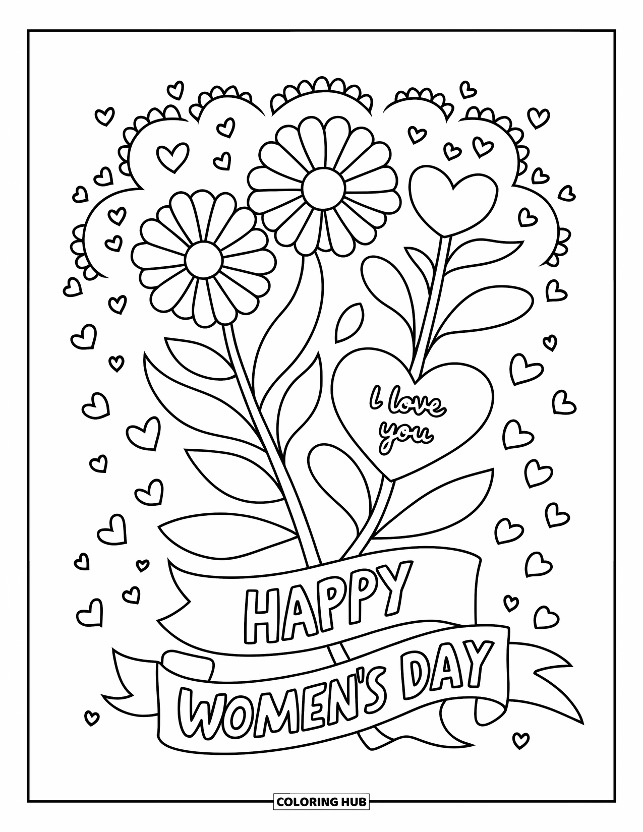 March Coloring Page for Kids: Bouquet, heart, and ribbon decorate this Women's Day page with bold text