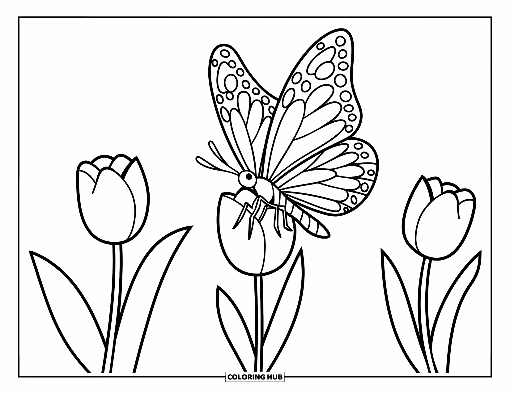 March Coloring Page for Kids: Butterfly flies over three simple tulips in a cheerful design