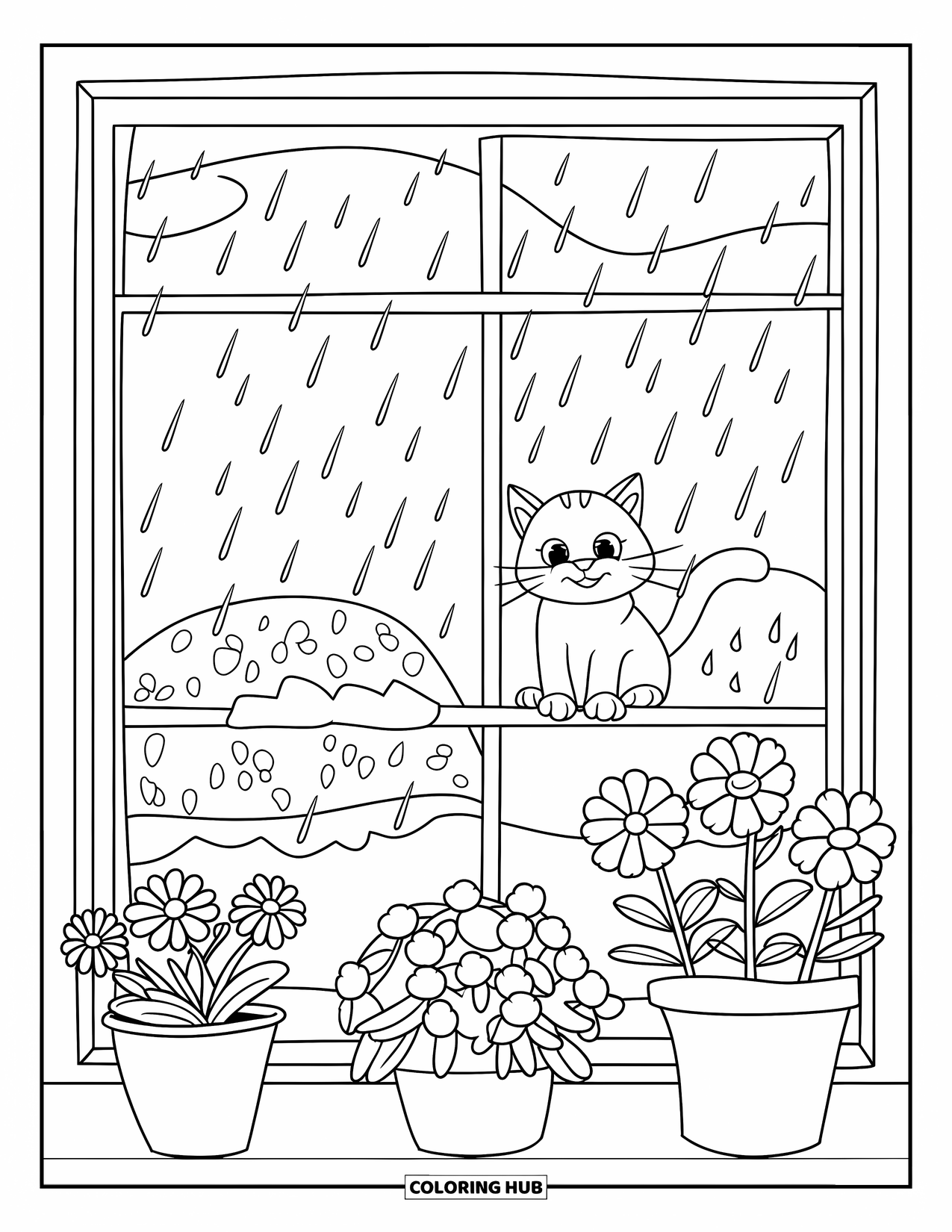 March Coloring Page for Kids: Cat on a windowsill watches the rain with flower pots inside