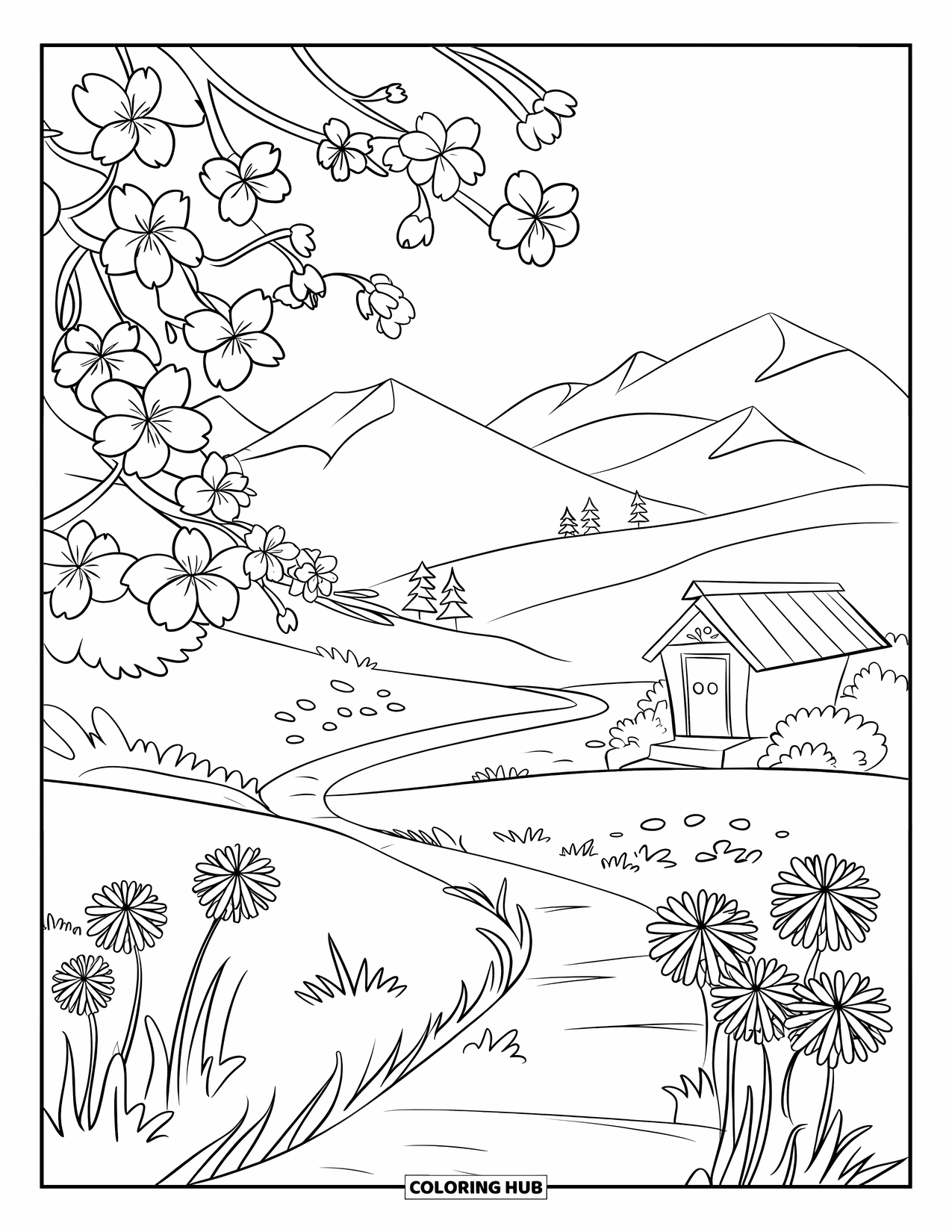 March Coloring Page for Kids: Cherry blossoms and dandelions fill a path to a cottage in a spring landscape