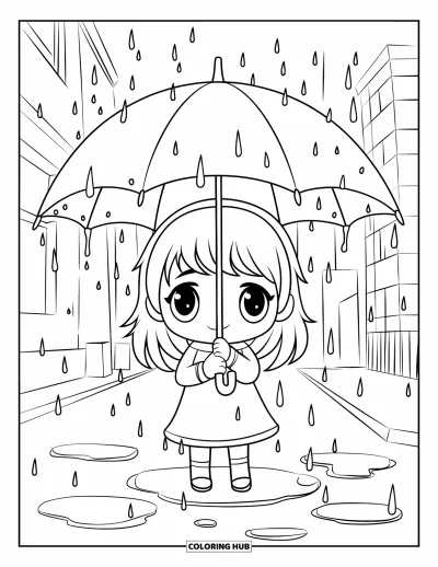 子ども向けの3月のぬりえ: ちびキャラの女の子が水たまりだらけの雨の街で傘を持って立っている