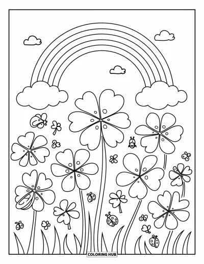 子ども向けの3月のぬりえ: てんとう虫と空の虹がきらめくクローバー畑