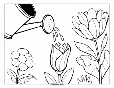 子ども向けの3月のぬりえ: 花咲く庭でじょうろからつぼみに水が注がれている
